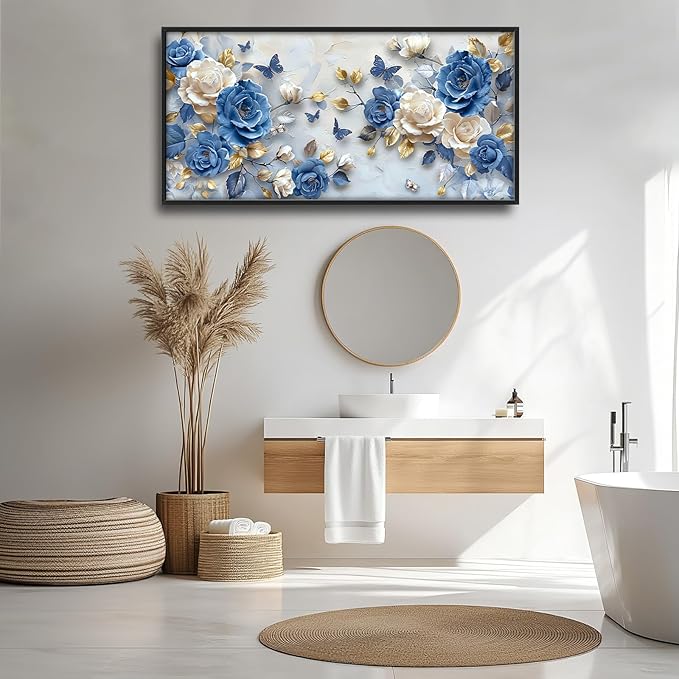 Framed Large Wall Art for Living Room, Blue and White Florals Canvas Wall Decor, Flowers Pictures Painting, Modern Artwork for Bedroom Office 60L'' × 30W''
