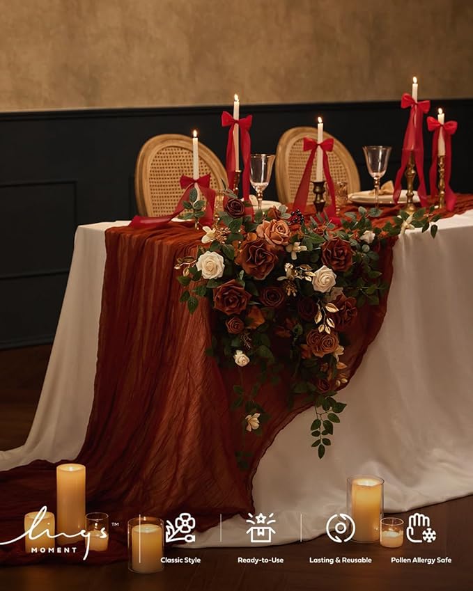 Ling's Moment 10Ft Terracotta Cheesecloth Table Runner Burnt Orange Gauze Semi-Sheer Tablecloth for Wedding Party Bridal Shower Boho Table Decor Rust Thanksgiving Day Fall