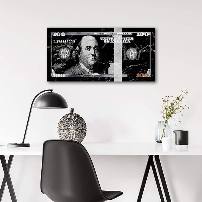 Inspirational 100 Dollar Wall Art Benjamin Franklin Black and white Graffiti Money Canvas Office Home Wall Art Inspired Motivational Wall Decor for Gym Coffee Shop Wooden Framed Easy to Hang-32"Wx16"H