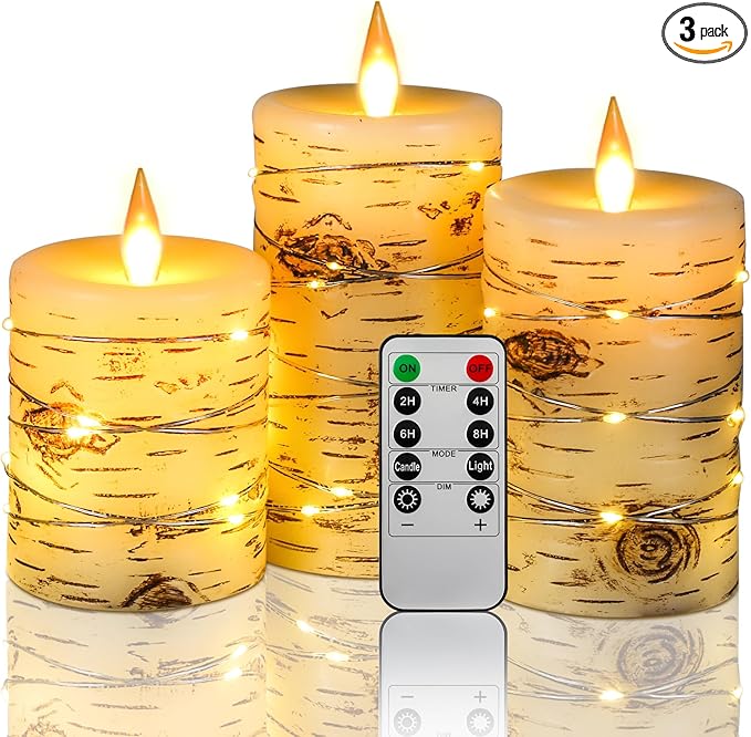 Flameless Candle LED Candles Hand Painted Birch Bark Effect Recessed Light String Candle Set of 3(H4,5,6") Ivory Real Wax Pillar Battery Operated Candles with Dancing LED Flame 10-Key Remote Control