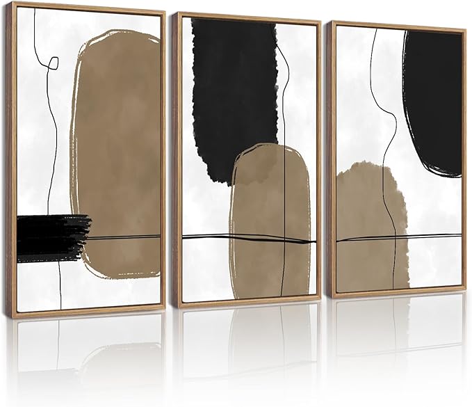 KUVIOKE Abstract Wall Art Framed Neutral Beige Mid Century Textured Artwork Black Minimalist Line Modern Illustrations Bedroom Hallway Ready to Hang 16x24in (Natural Framed)