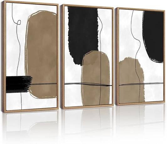 KUVIOKE Abstract Wall Art Framed Neutral Beige Mid Century Textured Artwork Black Minimalist Line Modern Illustrations Bedroom Hallway Ready to Hang 16x24in (Natural Framed)