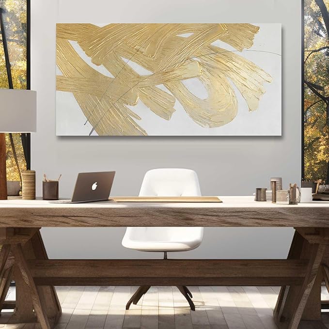 Gold Abstract Wall Art White and Gold Modern Framed Painting Texture Artwork for Living Room Office Dining Room Pictures 24x48 Inch Hand Painted