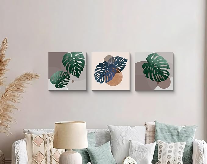 NAN Wind 3Pcs Tropical Leaf Wall Art Palm Frond and Foliage Canvas Print with Bold Orange Teal Yellow Shapes Mid-Century Modern Botanical Plant Pictures for Boho Living Room Bedroom Office Wall Decor