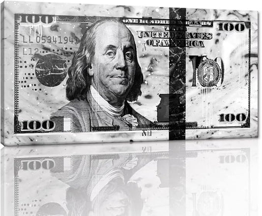 Large Size Artwork for Home Walls Retro Black and White Office Home Wall Decor 100 Dollar Bill Money Canvas Wall Art Vintage Artwork for Dinning Room Study Room Studio Wall Hang Up Framed-48"Wx24"H