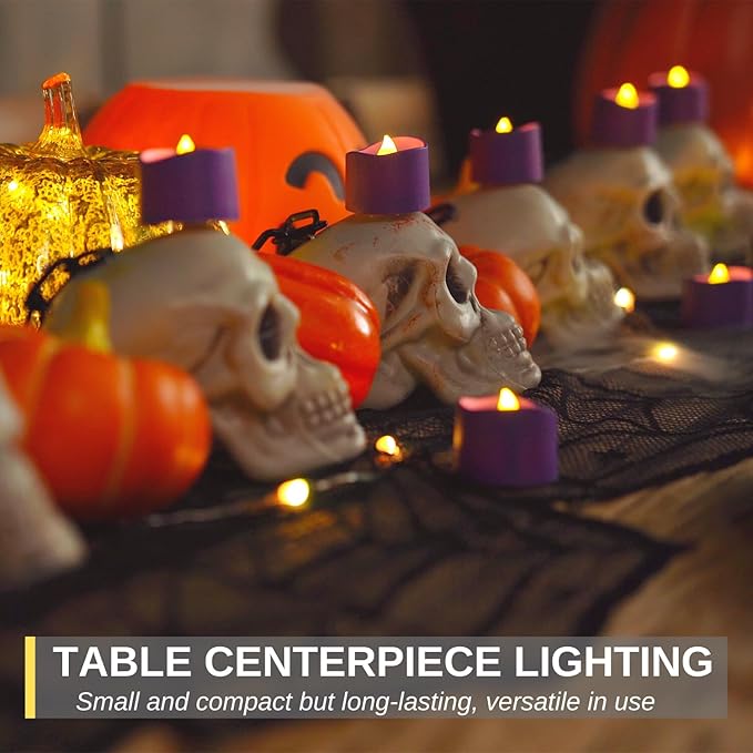 Homemory Purple Tea Lights Candles Battery Operated, 200+Hour Flameless Flickering Fake Electric LED Colored Tealights Candles for Party, Wedding, Halloween, Mardi Gras, Holiday Decor, 24-Pack