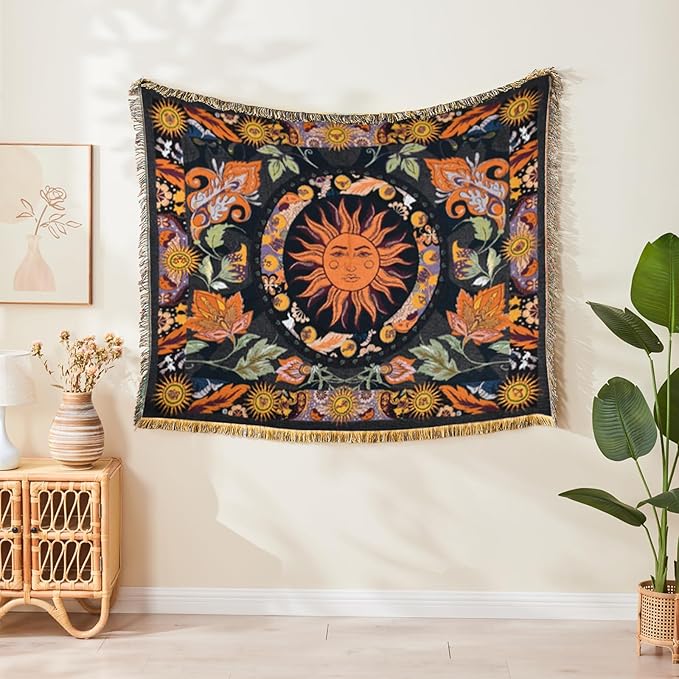Boho Throw Blanket Reversible Cotton Bohemian Tapestry Hippie Room Decor Outdoor Blanket Double Sided (Boho Sun Black 50"x60")