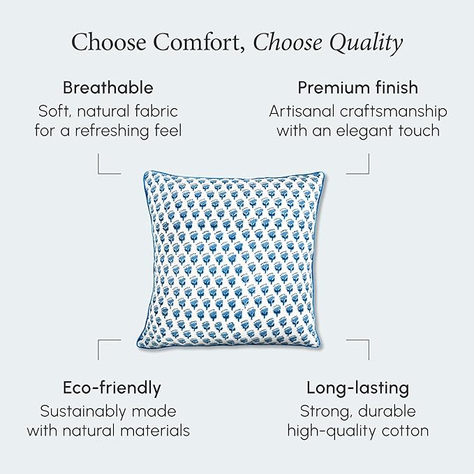 CPC 100% Cotton Throw Pillow Covers 24x24 Inch, Set of 2 Blue Block Print Pattern Couch Pillow, Cute Boho Decorative Pillows for Living Room, Bedroom with Hidden Zipper- Apatite Blue