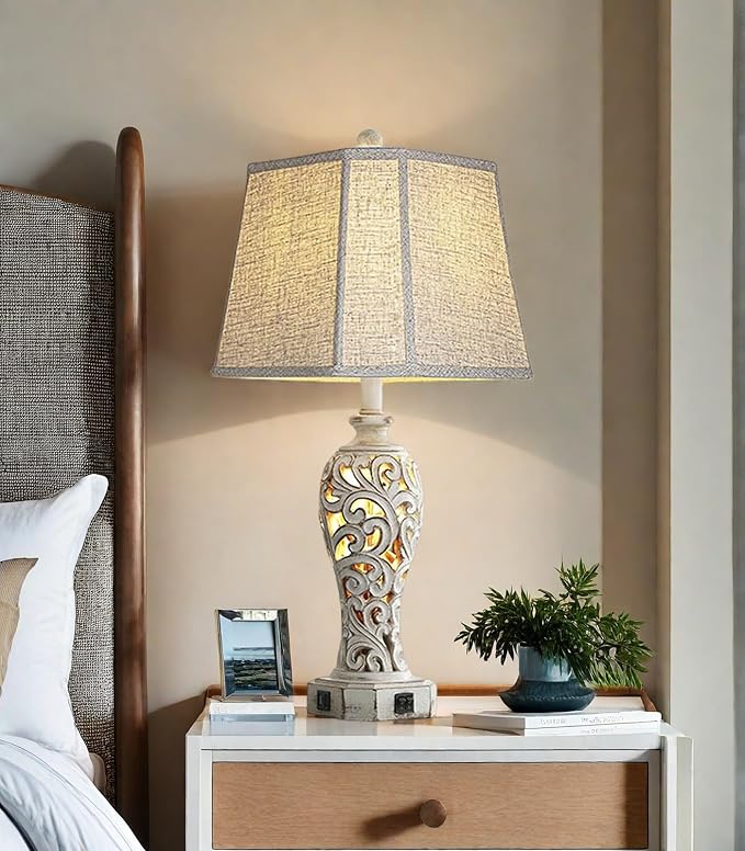 Set of 2 Rustic Table Lamps for Living Room Bedroom, Farmhouse Vintage Nightstand Lamp with 2 USB Ports, Hollow Out Resin Lamp for End Table with Nightlight, Bulbs Included (Wash White)