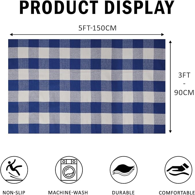 SEEKSEE Cotton Buffalo Plaid Rug 3'x5' Blue and White Checked Rug Washable Doormats Indoor Outdoor Rugs for Layered Front Door Mats, Porch, Kitchen, Farmhouse, Entryway