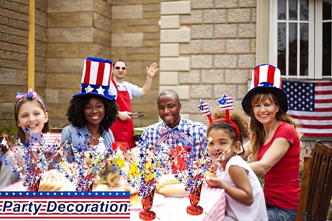 6 Pack 4th of July Table Centerpiece Decoration Metallic Foil Spray Star Burst Patriotic Decoration Independence Day Labor Day Veteran Day Memorial Day Party Supplies, Red White and Blue