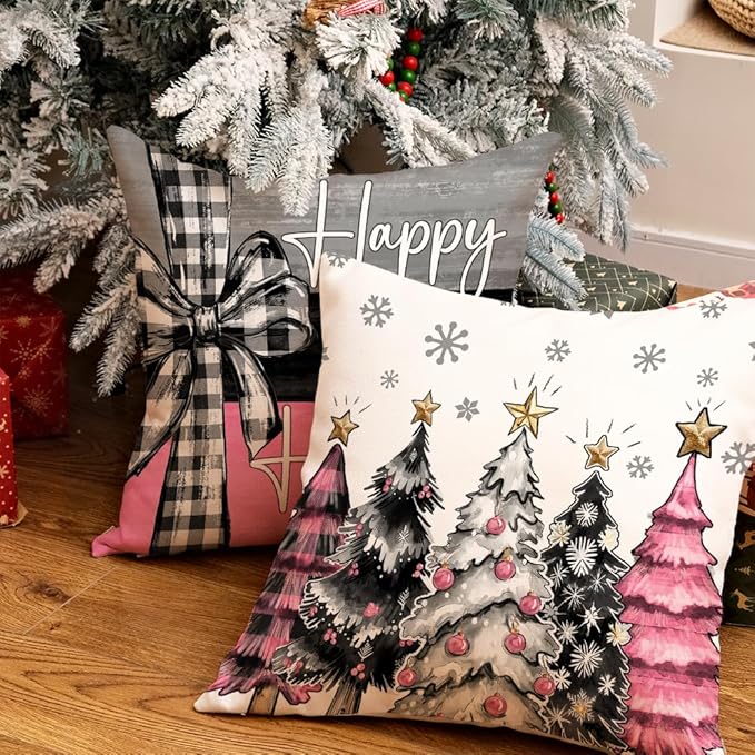 GEEORY Christmas Throw Pillow Covers 18 x 18 Inch Set of 4, Xmas Trees Merry and Bright Happy Holidays Farmhouse Decorative Cushion Cases for Home Decoration G596-18