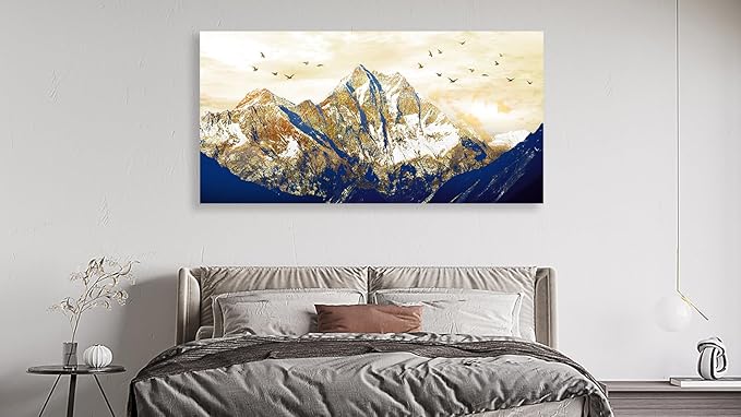 NINEASO Canvas Wall Art - Earth Tone Snow Mountain Sunset Canvas Pictures with Birds Painting Print Artwork for Living Room Bedroom Home Office Decorations 24" x 48"