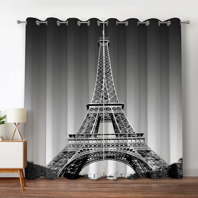Jekeno Paris Eiffel Tower Blackout Curtains Paris Landmark Picture of Famous Place Cityscape Scene Decor for Bedroom Living Room Grommet Window Drapes 2 Panel Set, 42"x84"