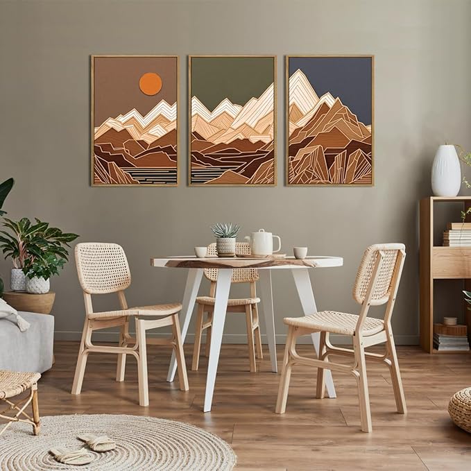 IARTTOP Large Mountain Framed Canvas Wall Art 16x24 Inch Set of 3 Abstract Mountain Woodcut Wall Decor for Living Room Bedroom Office