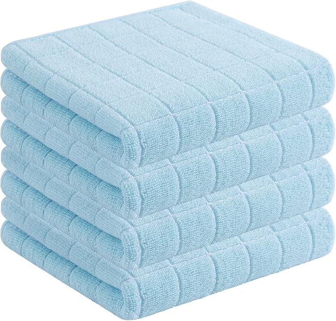 Homaxy 100% Cotton Terry Kitchen Towels(Sky Blue, 13 x 28 inches), Checkered Designed, Soft and Super Absorbent Dish Towels, 4 Pack