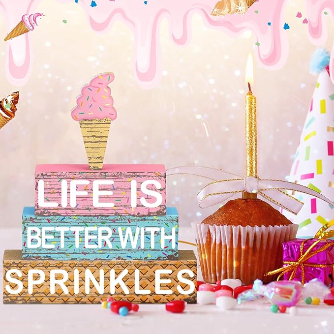 Geelin 4 Pieces Summer Ice Cream Table Wooden Decorations Ice Cream Wood Sign Centerpiece Home Decor Bar Party Decorations Blocks Tiered Tray Table Top Sign for Home