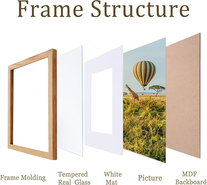8 ×10 picture frame Nature HD glass picture frames a set of 4, display pictures 5 ×7 cushion or 8 ×10 modern style wood grain composite picture frame, the best gift for friends and relatives