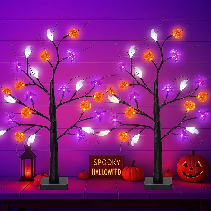 Halloween Decorations Indoor, 2-Pack 2FT Lighted Black Halloween Tree with 48 LED Pumpkin Bat Ghost Lights, Timer Function Battery Operated & USB Powered Spooky Tree Lights for Tabletop Home Party