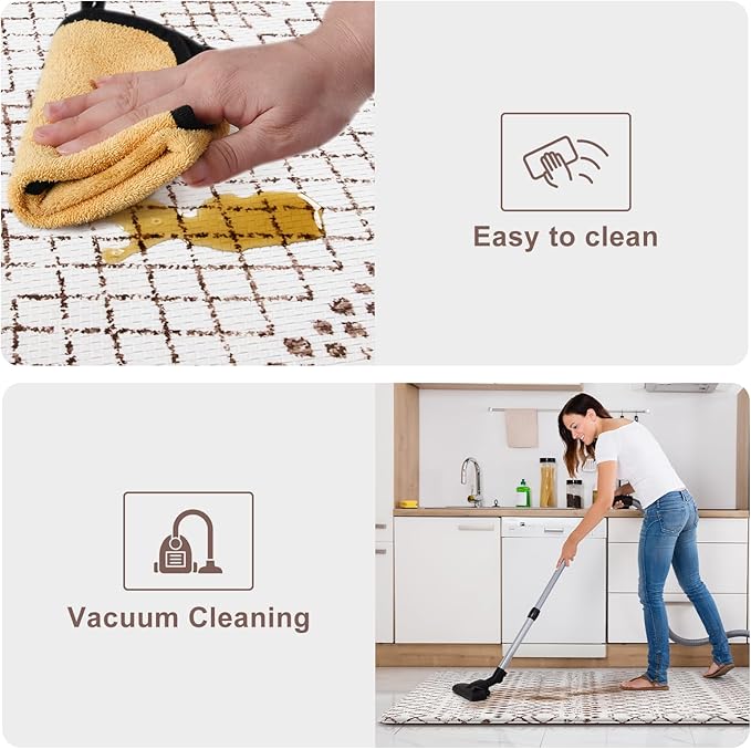 KIMODE Kitchen Mats 2PCS,Cushioned Anti Fatigue Boho Kitchen Rugs and Mats,Non Slip Waterproof Kitchen Mats for Floor,Comfort Foam Standing Desk Mat for Home,Office,Sink,Laundry,Brown and White