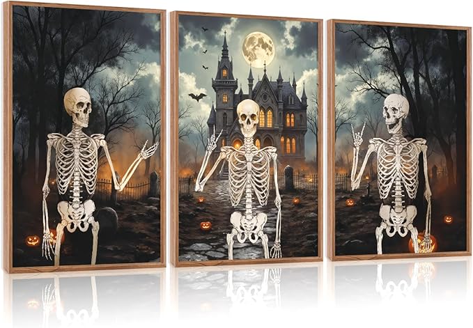 CHDITB Spooky Skeleton Framed Canvas Wall Art Set, Pumpkin Wall Decor, Strange Haunted Mansion Art Wall Painting, Vintage Gothic Skull Art Prints For Living Room, Halloween Party Decoration 16"x24"x3