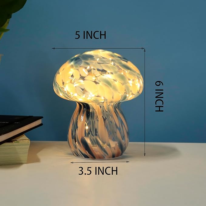 Small Glass Mushroom Table Lamp Night Light Bedside Desk Lamp for Bedroom Nightstand Light -Blue