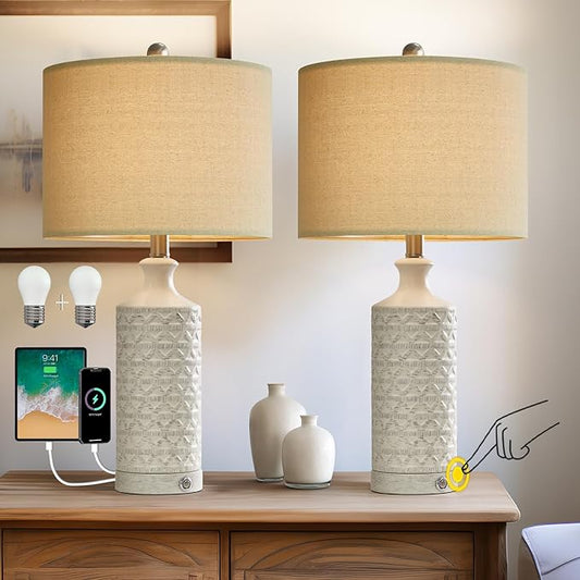 PoKat 24" Farmhouse Table lamp for Nightstands Set of 2 for Living Room, White Bedroom Bedside Lamp for Living Room, Ceramic Bedside Nightstand End Table Lamps, White