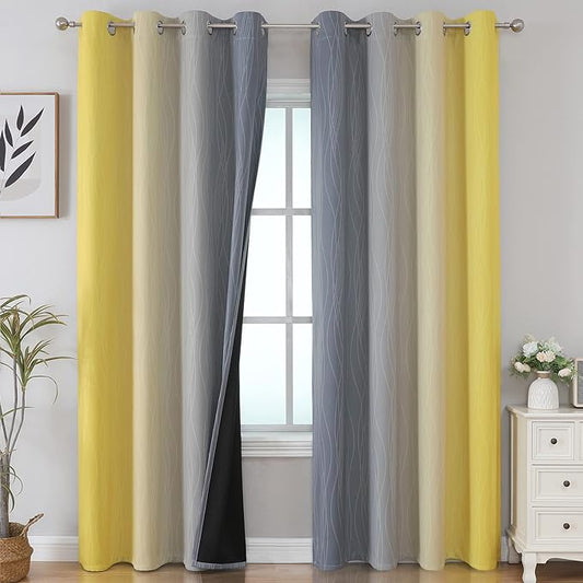 Estelar Textiler Yellow and Grey Blackout Curtains 108 Inches Long, Thermal Insulated Drapes for Bedroom, Full Light Blocking Energy Saving Long Curtains for Living Room, 52Wx108L, 2 Panels