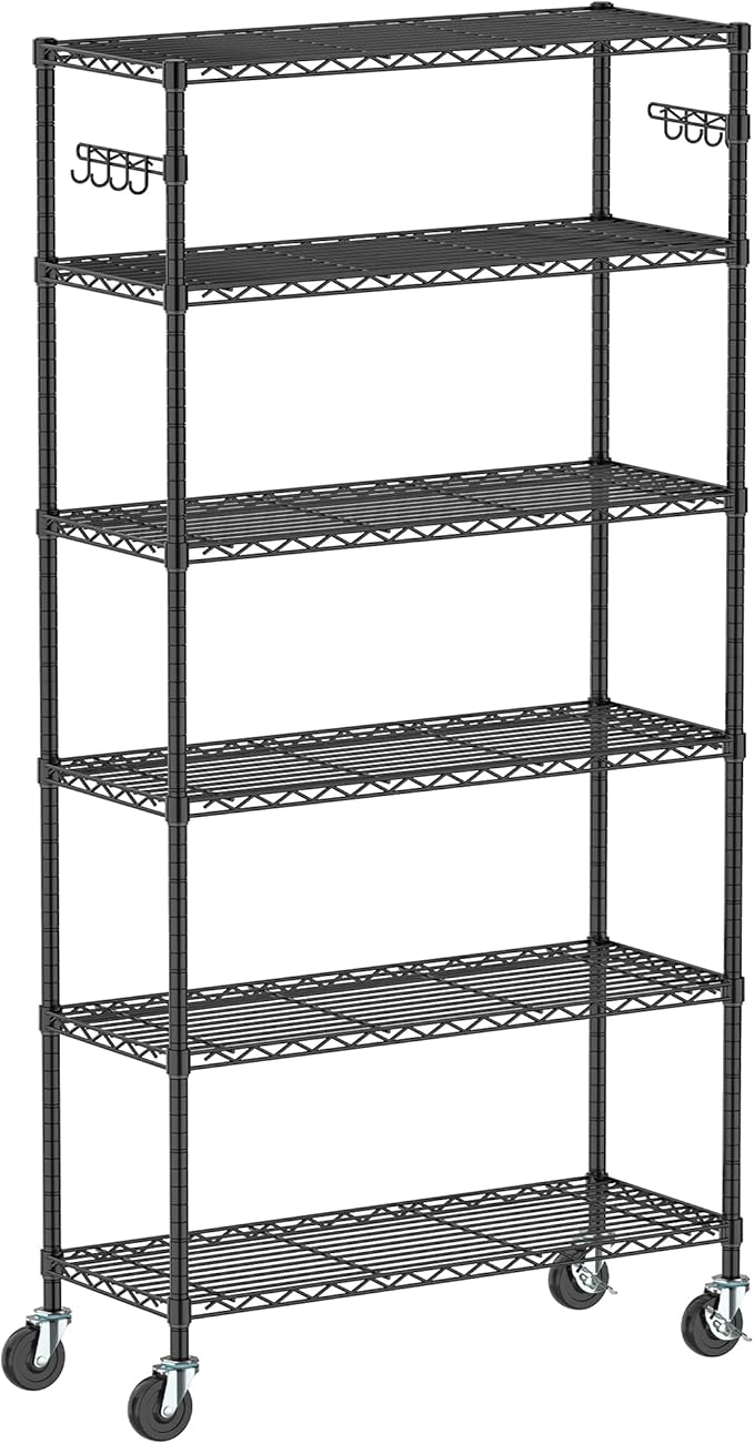 Metal Steel Shelving with Wheels Rack Unit, 6-Tier Rolling Storage Shelf Adjustable Wire Rack Organizer Utility Storage Shelving for Home Kitchen Garage Pantry(6-Tier Shelf)