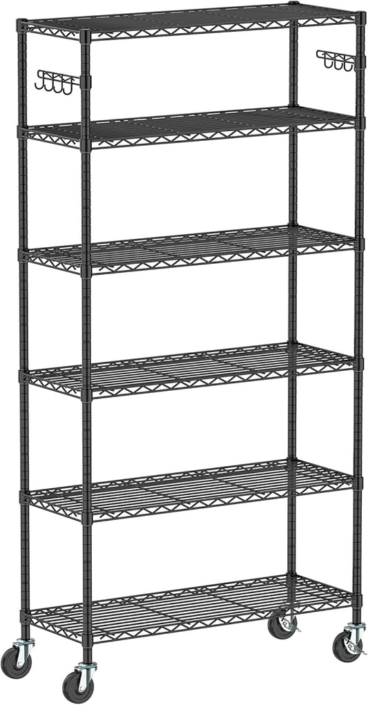 Metal Steel Shelving with Wheels Rack Unit, 6-Tier Rolling Storage Shelf Adjustable Wire Rack Organizer Utility Storage Shelving for Home Kitchen Garage Pantry(6-Tier Shelf)