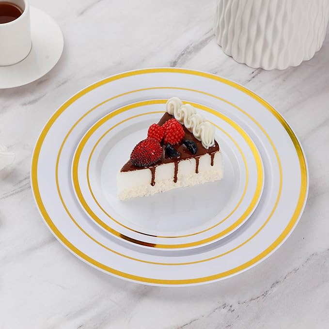 Goodluck 200PCS Gold Plastic Plates, Heavy Duty Disposable Gold Plates with 100 10.25 inch Dinner Plates and 100 7.5 inch Dessert Plates for Party, Holiday, Wedding, Thanksgiving