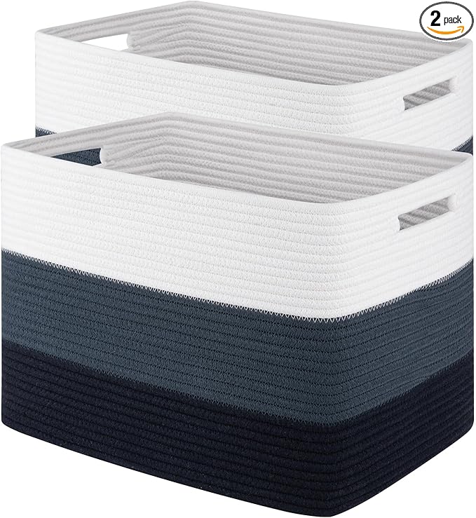 Storage Baskets for Organizing, 2 Pack Woven Basket for Storage, Rectangle Baskets for Shelves Closet Organizers, Toy Basket for Nursery Storage Living Room, Laundry Room, Bedroom (Gradient Blue)