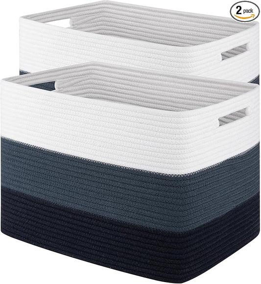 Storage Baskets for Organizing, 2 Pack Woven Basket for Storage, Rectangle Baskets for Shelves Closet Organizers, Toy Basket for Nursery Storage Living Room, Laundry Room, Bedroom (Gradient Blue)