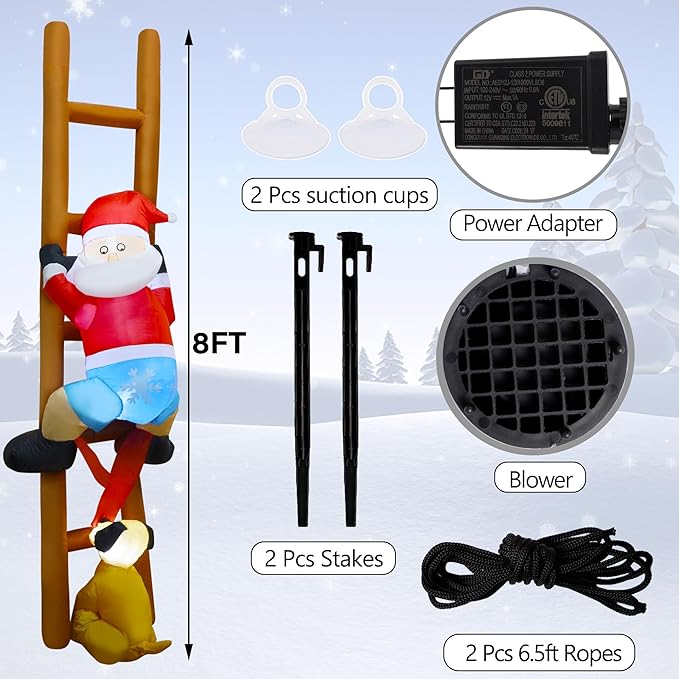 DR.DUDU 8 FT Christmas Inflatable Outdoor Decoration, Blow Up Santa Claus on Ladder with Puppy Dog with LED Lights for Yard Lawn Window Tree Xmas Holiday Inflatables Decorations