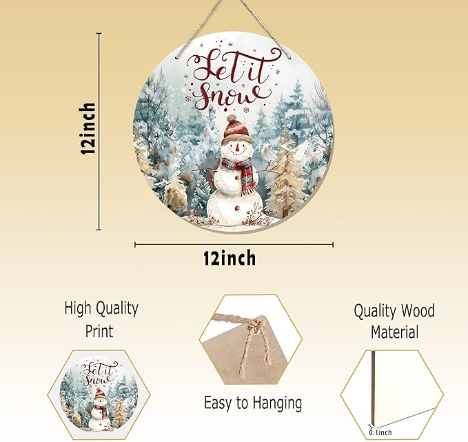CGBHW Winter Snowman Wooden Sign, Christmas Xmas Pine Tree Landspace Hanging Sign Wall Decor for Farmhouse Home, Holiday Snowy Let it Snow Rustic Door Decor 12 x 6 Inch