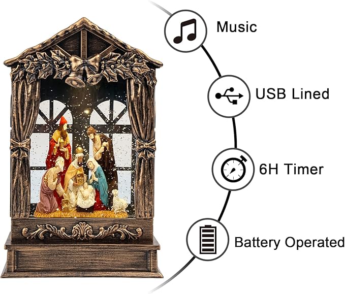 Christmas Snow Globe Lighted Manger Nativity Scene, Musical Window Water Lantern Play Silent Night Music in Swirling Glitter, Holiday Decorations Gifts for Family, Children or Friends