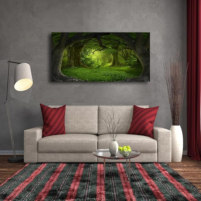 Tree of Life Wall Art Canvas Prints Natural Landscape Pictures Home Decor Green Forest Paintings for Living Room Bathroom Bedroom Kitchen Office Decorations 24x48 Wooden Framed Artwork Easy Hanging