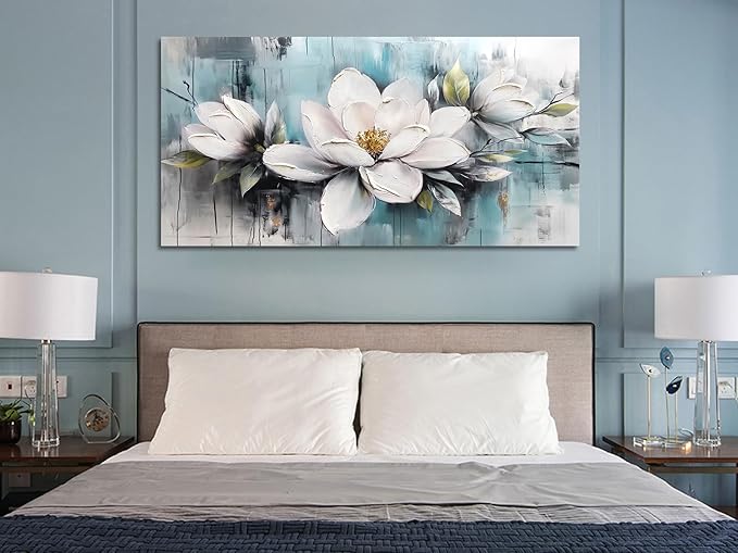 Ardemy Flower Wall Art for Living Room White Floral Canvas Bedroom Painting Magnolia Wildflower Picture Teal Grey Artwork Framed Bathroom Home Office Dining Room Wall Decor, Large 40"x20"