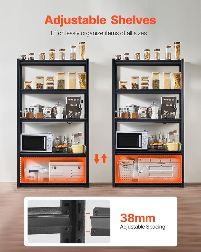 VEVOR Storage Shelves, 2000 lbs, 5 Tier Garage Storage Shelving, 18" D x 40" W x 72" H Adjustable Metal Shelves for Garage Shelves Utility Rack Shelf, Ideal for Kitchen, Warehouse, Basement, Black