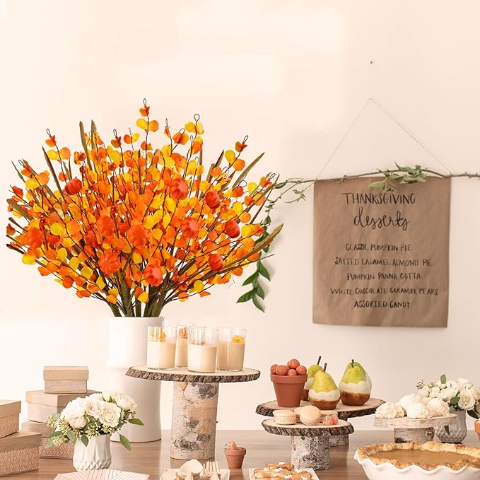 Krissing 6 Pcs Fall Floral Stems,17.3”Fall Berry Stems with Pumpkins Autumn Berry Floral Picks Branches for Vase Autumn Arrangement Centerpieces Harvest Thanksgiving Home Fall Decor