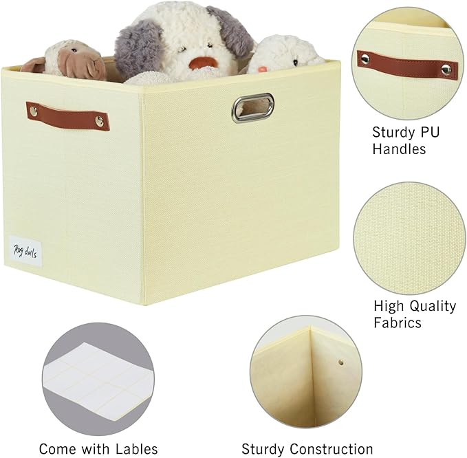 3-Pack Foldable Fabric Storage Bins with Durable PU & Metal Handles , Collapsible Storage Baskets for Shelves, Home Storage, Closet Organizers, Living Room(17"x11.8"x11.8", Beige)