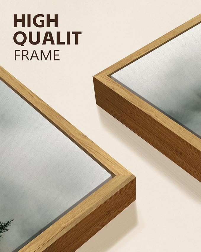 KUVIOKE Green Fog Pine Tree Landscape Framed Wall Art Nature Nordic Misty Forests Prints Morden Farmhouse Bedroom Living Room Ready to Hang 11x14in (Natural Framed)