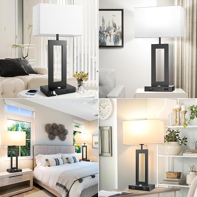 27.2’’ Tall Black Table Lamps for Living Room Bedroom, Bedside Touch Control Lamps with 2 USB Ports&AC Outlet, 3 Way Dimmable&Stepless Dimming Desk Lamp Sets for Home Office, Pre-assembled White Shade