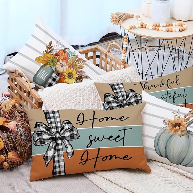 AACORS Fall Pillow Covers 12 x 20 Inch Set of 4, Pumpkin Home Sweet Home Thankful Grateful Blessed Harvest Floral Decorations Autumn Seasonal Pillow Case Decor for Sofa Couch AA275-12