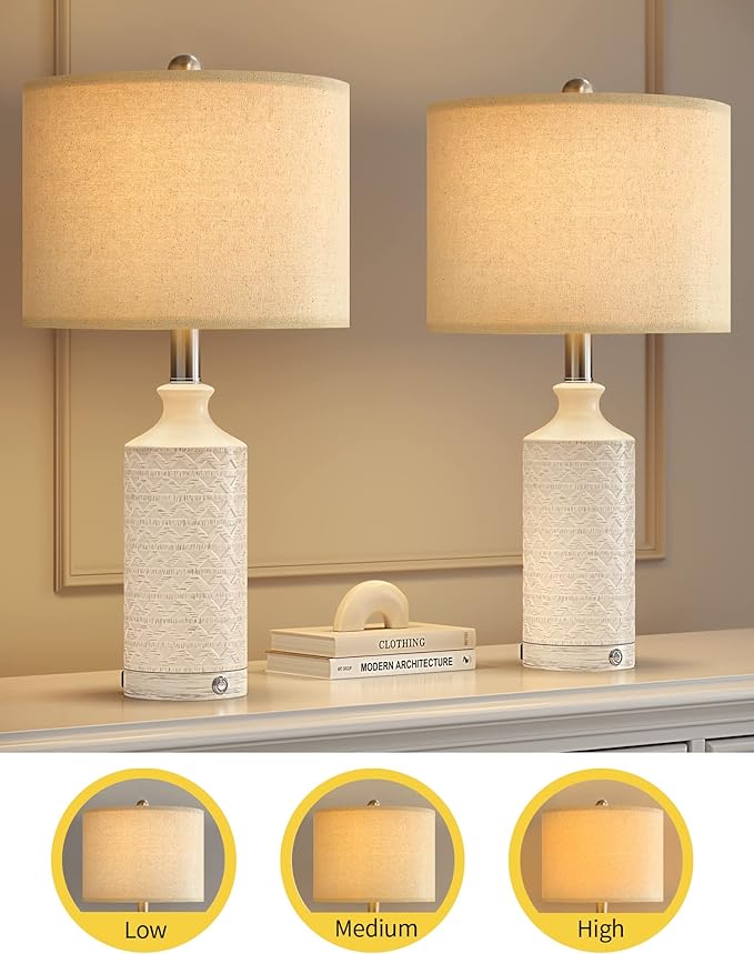 PoKat 24" Modern Contemporary Ceramic Lamp Set of 2 for Living Room White Desk Decor Lamps for Bedroom Farmhouse Bedside Nightstand End Table Lamps, White