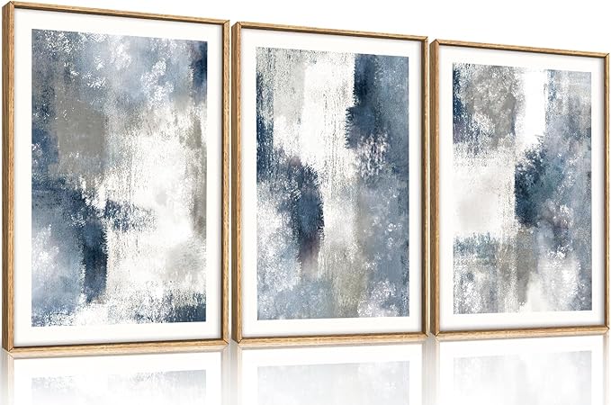 HOURIA Abstract Navy Blue Gray Framed Canvas Wall Art Set,Neutral White Brush Stroke Wall Decor,Minimalist Color Block Shapes Artwork,Modern Pastel Prints for Living Room,Bedroom,Farmhouse- 24"x36"x3