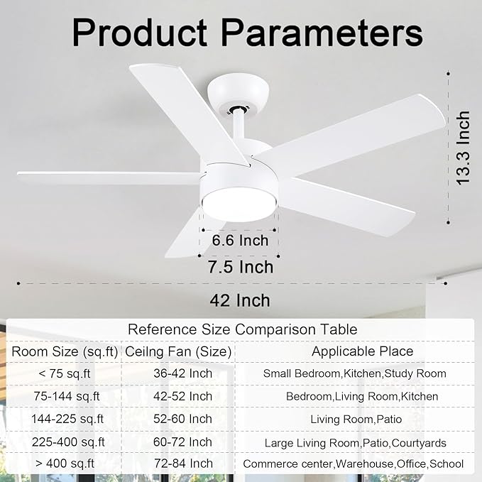 42 inch White Ceiling Fans with Lights and Remote, LED Dimmable 3 CCT Temperatures 6-Speed, Noiseless Modern Ceiling Fan for Bedroom, Living Room, Dining Room, ETL Listed