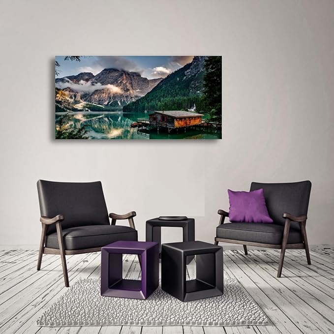 Green Lake Mountain Pictures Canvas Wall Art for Living room Bedroom Wall Decor, Mountain Wall Art Print Paitnings for home Decor,Morden Artwork House in the lake Landscape Canvas Art
