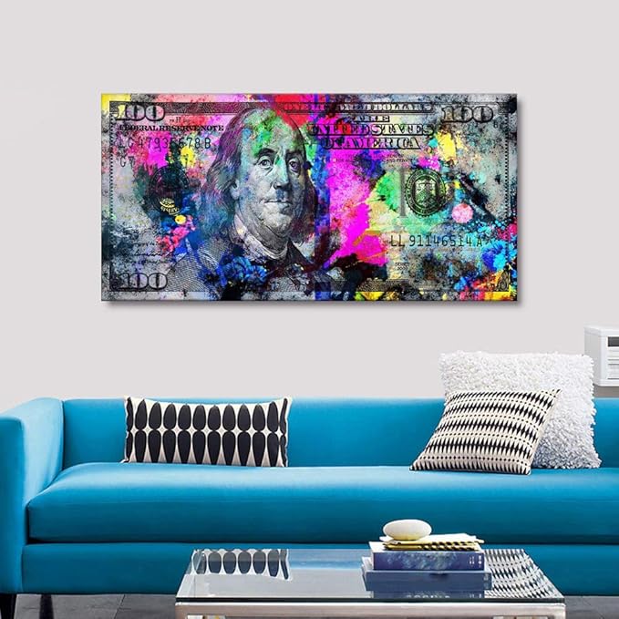 Abstract Creative Money Pop Art Print Contemporary Entrepreneur Inspirational 100 Bill Dollar Giclee Canvas Wall Art Painting Positive Modern Art for Bedroom Dinning Room Frame Easy to Hang-40"Wx20"H