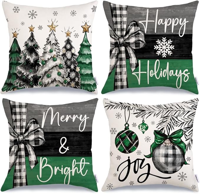 GEEORY Christmas Throw Pillow Covers 20 x 20 Inch Set of 4, Xmas Trees Merry and Bright Happy Holidays Farmhouse Decorative Cushion Cases for Home Decoration G584-20